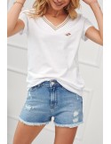 Short denim shorts with abrasions, blue 30080 - Online store - Boutique